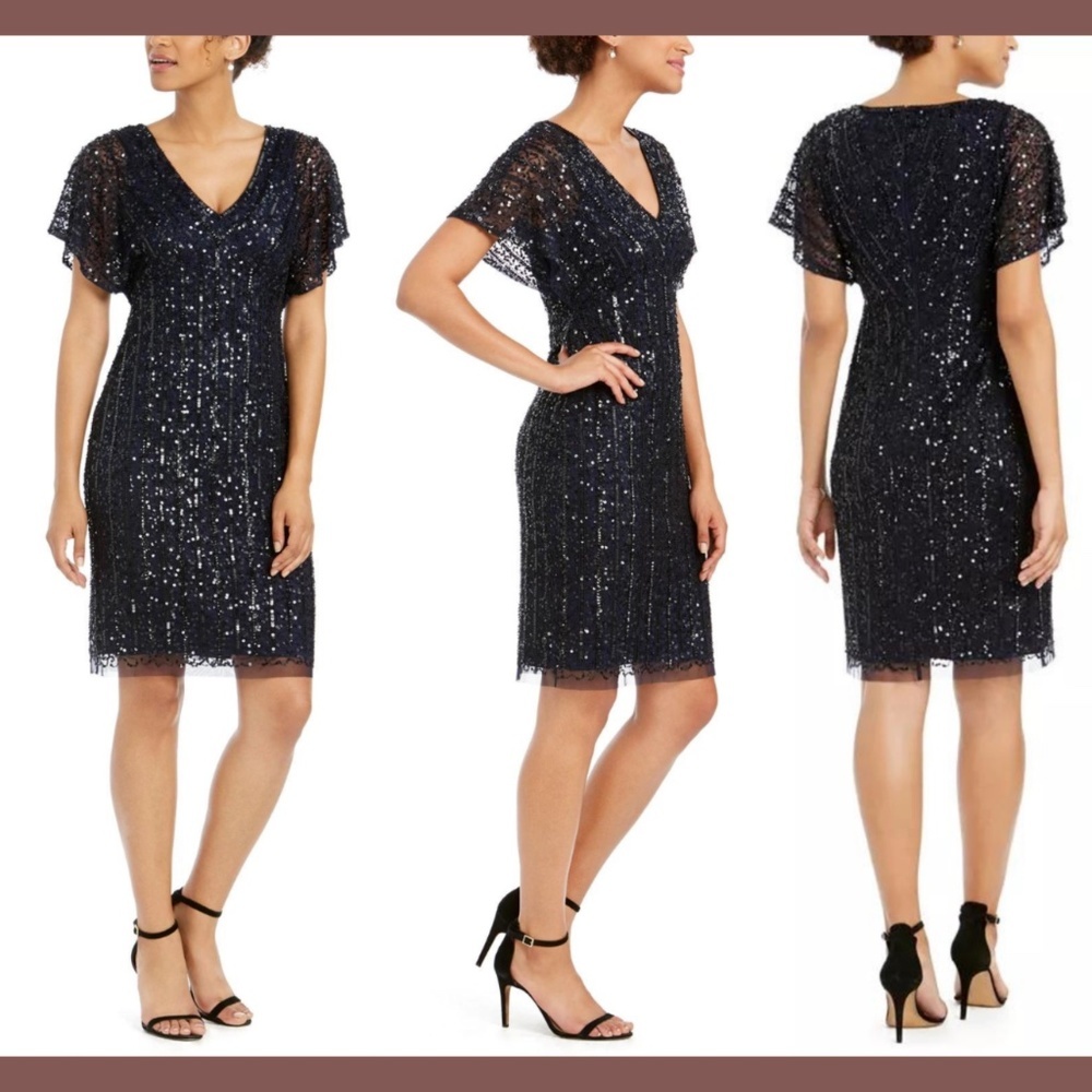 NWT Adrianna‎ Papell [ 6 ] Embellished Flutter Sleeve Sheath Dress Navy